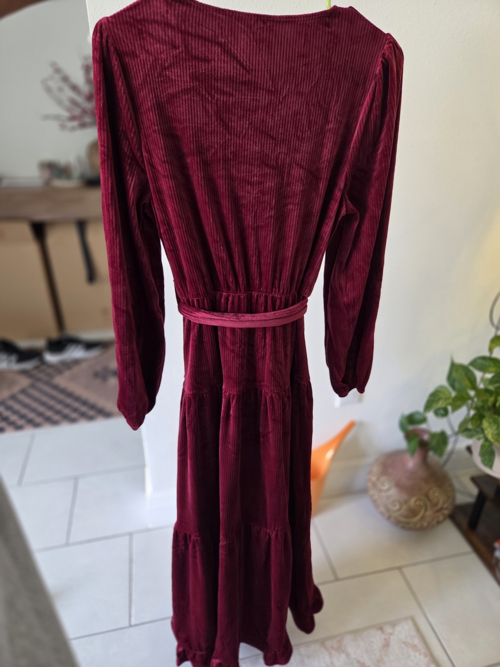 HALARA Burgundy Velvet Long Sleeve Maxi Dress with Tie Waist - Picture 3 of 5